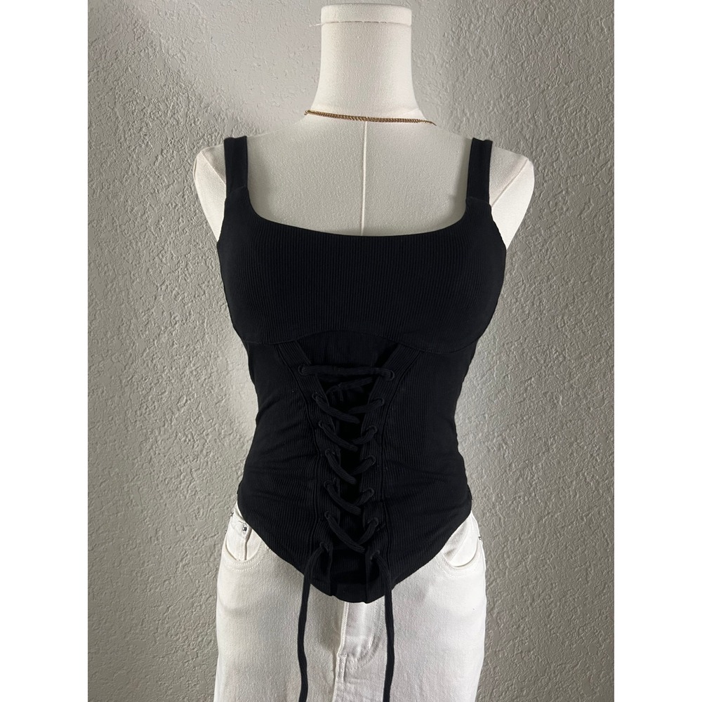 Victoria's Secret PINK Black Ribbed Lace Up Corset Cami Tank Witchy Whimsygoth